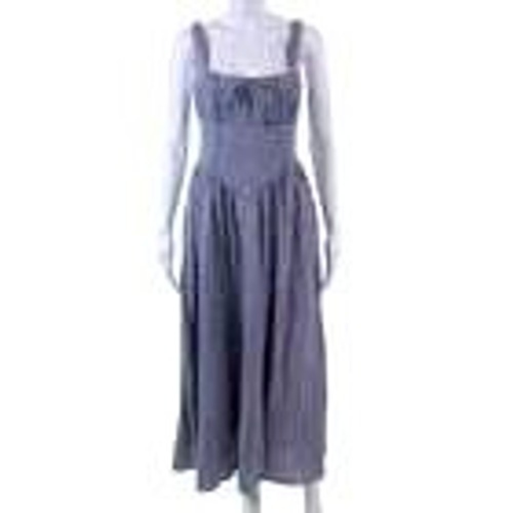 Christian Lacroix Blue Gingham Linen Blend Smocked Midi Dress Large L